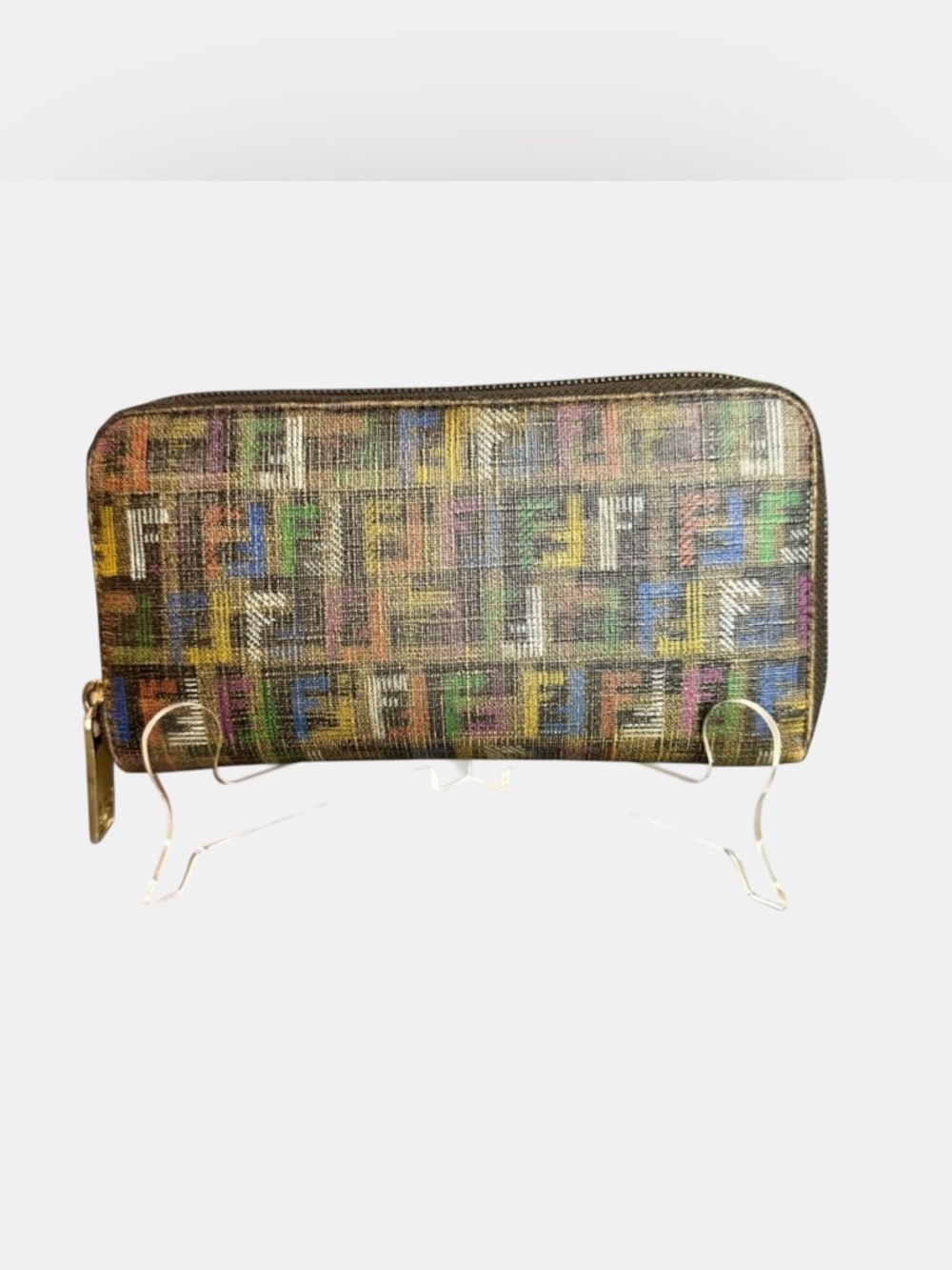 FENDI Zip Around Wallet Multicolor Rainbow FF Logo Zucca Canvas Pink Interior - Picture 6 of 10